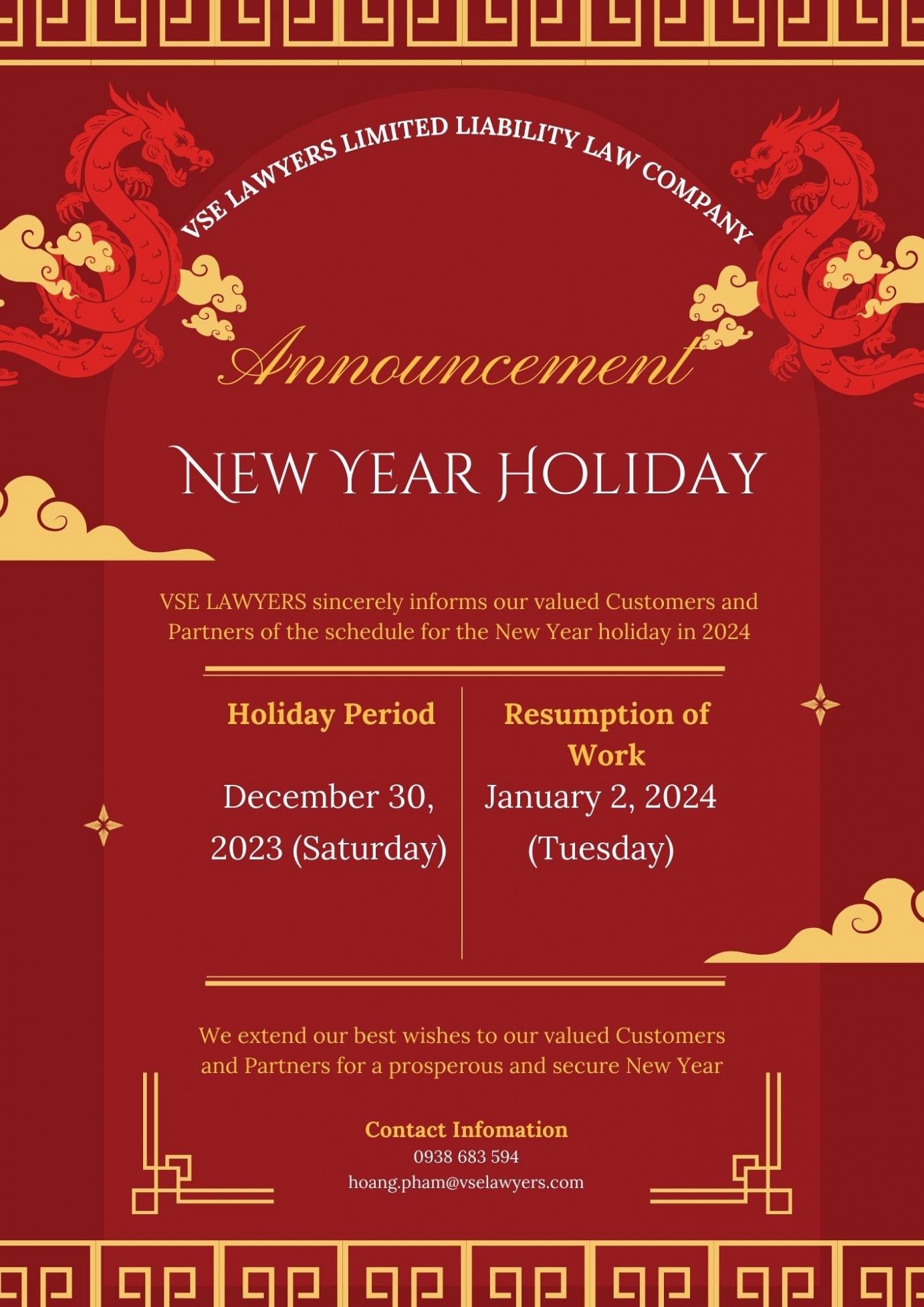 ANNOUNCEMENT OF NEW YEAR HOLIDAY
